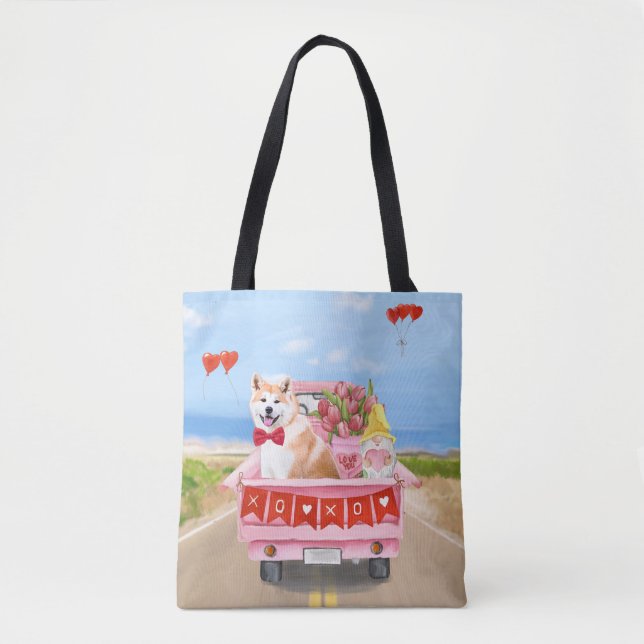 Akita Dog Valentine's Day Truck Hearts Tote Bag (Front)