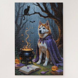 Akita Dog Whimsical Halloween Painting Jigsaw Puzzle