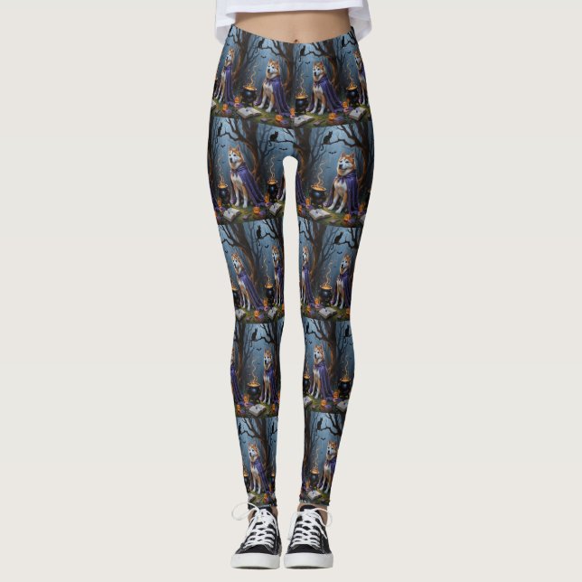 Akita Dog Whimsical Halloween Painting Leggings (Front)
