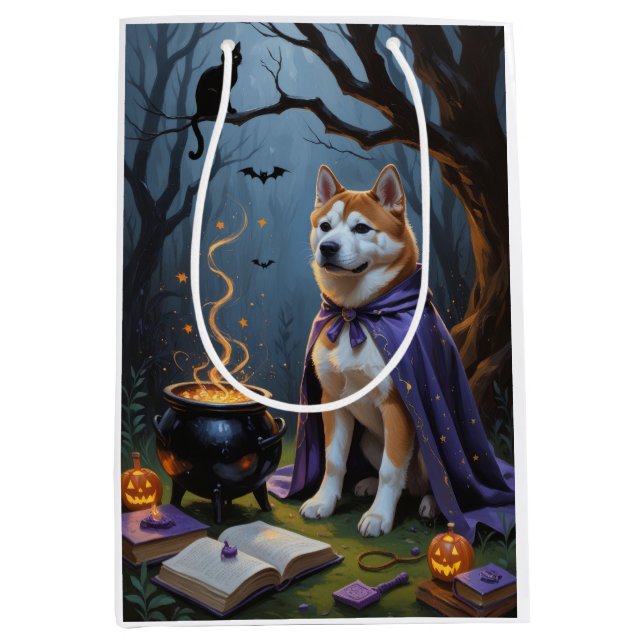 Akita Dog Whimsical Halloween Painting Medium Gift Bag (Front)
