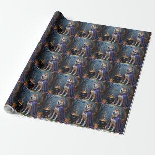 Akita Dog Whimsical Halloween Painting Wrapping Paper