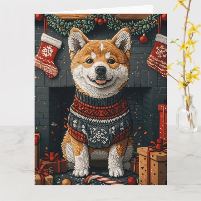 Akita Dog With Christmas Gifts Fireplace Card (Yellow Flower)