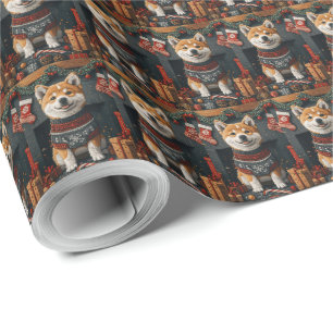 Akita Dog With Christmas Gifts Fireplace Wrapping Paper