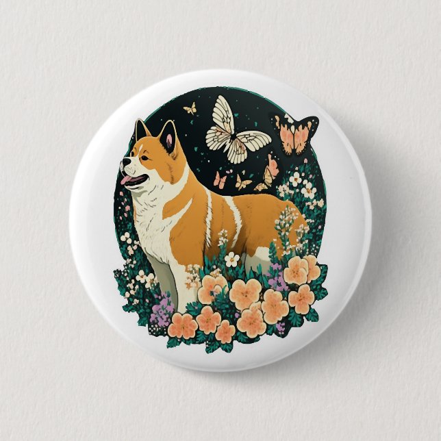 Akita Dog with Flower and Butterfly T Shirt 6 Cm Round Badge (Front)