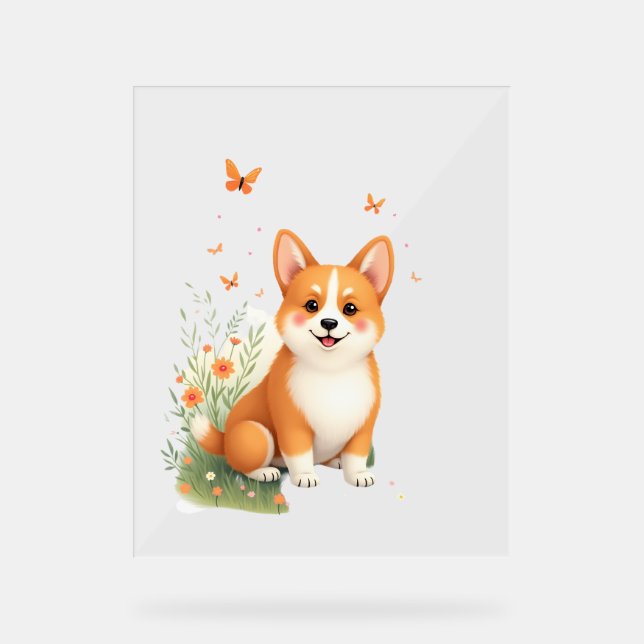 Akita Dog with Flower and Butterfly T Shirt Acrylic Sign (Front)