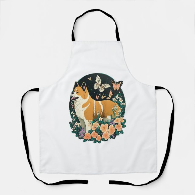 Akita Dog with Flower and Butterfly T Shirt Apron (Front)