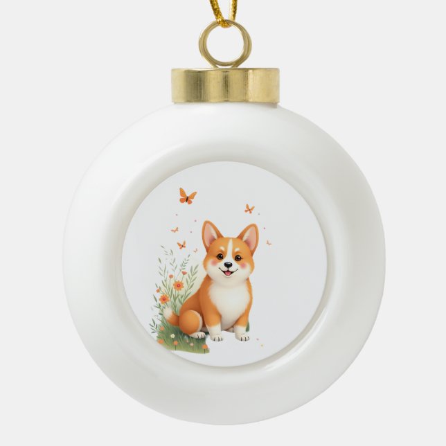 Akita Dog with Flower and Butterfly T Shirt Ceramic Ball Christmas Ornament (Front)