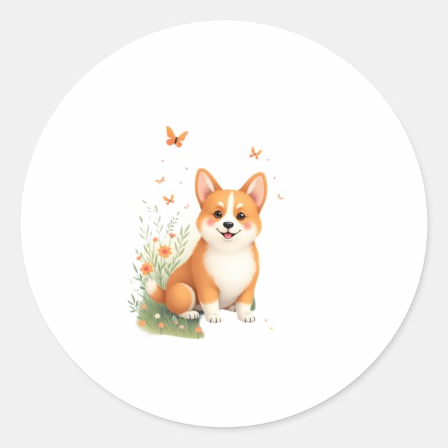 Akita Dog with Flower and Butterfly T Shirt Classic Round Sticker (Front)
