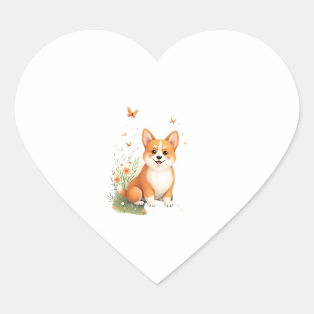 Akita Dog with Flower and Butterfly T Shirt Heart Sticker (Front)