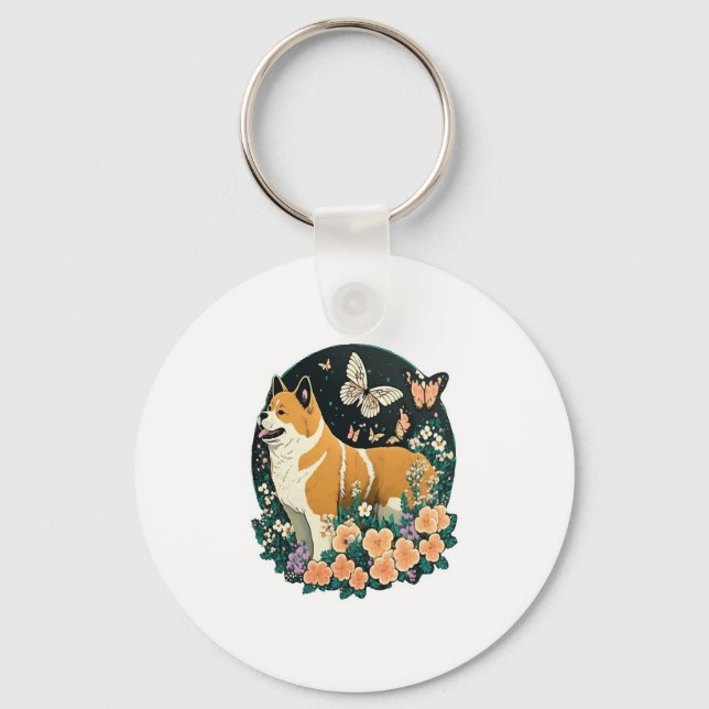 Akita Dog with Flower and Butterfly T Shirt Key Ring (Front)