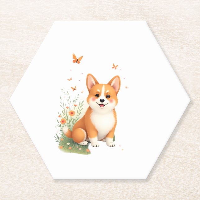 Akita Dog with Flower and Butterfly T Shirt Paper Coaster (Front)