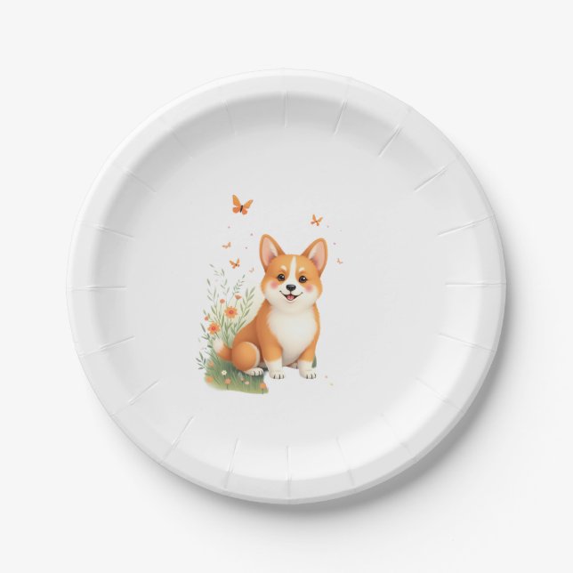 Akita Dog with Flower and Butterfly T Shirt Paper Plate (Front)