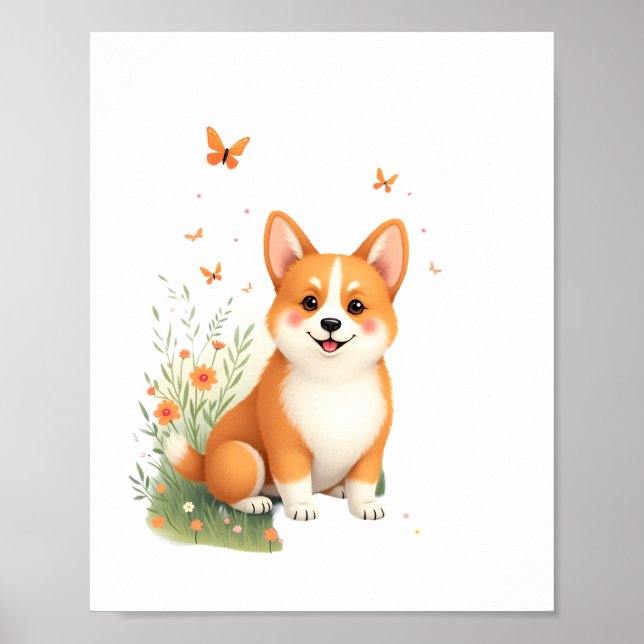 Akita Dog with Flower and Butterfly T Shirt Poster (Front)