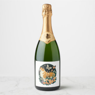 Akita Dog with Flower and Butterfly T Shirt Sparkling Wine Label