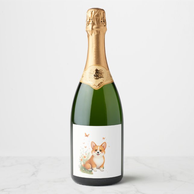 Akita Dog with Flower and Butterfly T Shirt Sparkling Wine Label (Front)