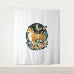 Akita Dog with Flower and Butterfly T Shirt Tapestry
