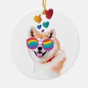 Akita Dog with Hearts Valentine's Day Ceramic Tree Decoration