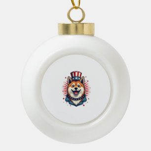 Akita dog with independence day  ceramic ball christmas ornament