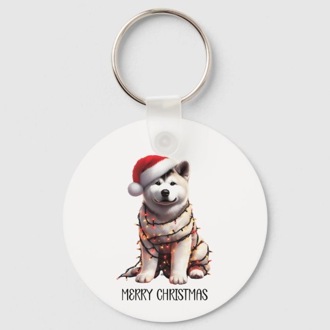 Akita Dog Wrapped In Christmas Light Key Ring (Front)