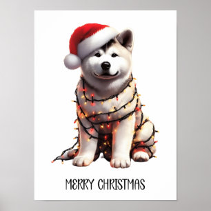 Akita Dog Wrapped In Christmas Light Poster