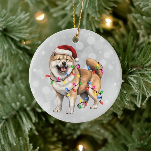 Akita Dog Wrapped in Christmas Lights  Ceramic Tree Decoration (Tree)