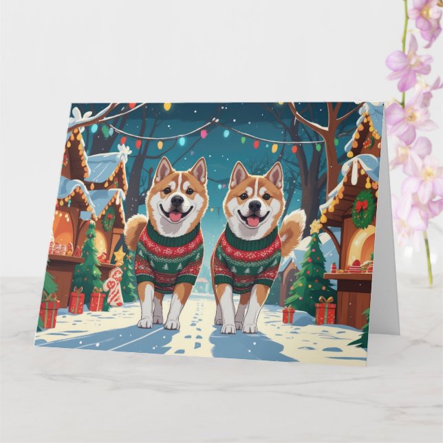 Akita Dogs Christmas Snow Holiday Card (Orchid)