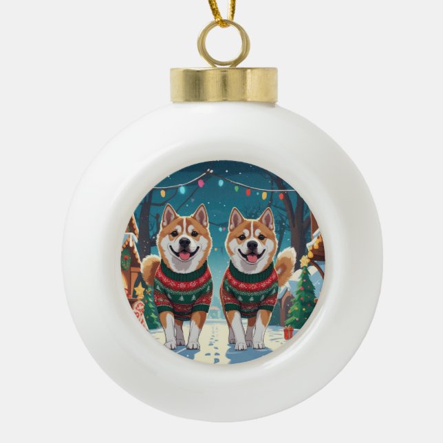 Akita Dogs Christmas Snow Holiday Ceramic Ball Christmas Ornament (Front)
