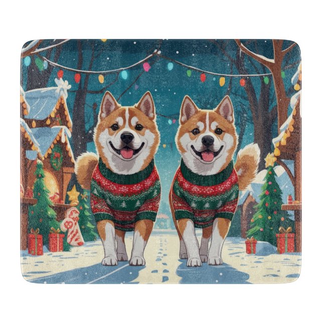 Akita Dogs Christmas Snow Holiday Cutting Board (Front)