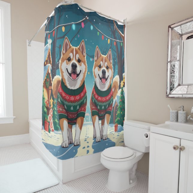 Akita Dogs Christmas Snow Holiday Shower Curtain (In Situ)