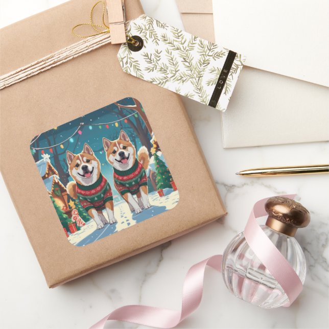 Akita Dogs Christmas Snow Holiday Square Sticker (Gifting)