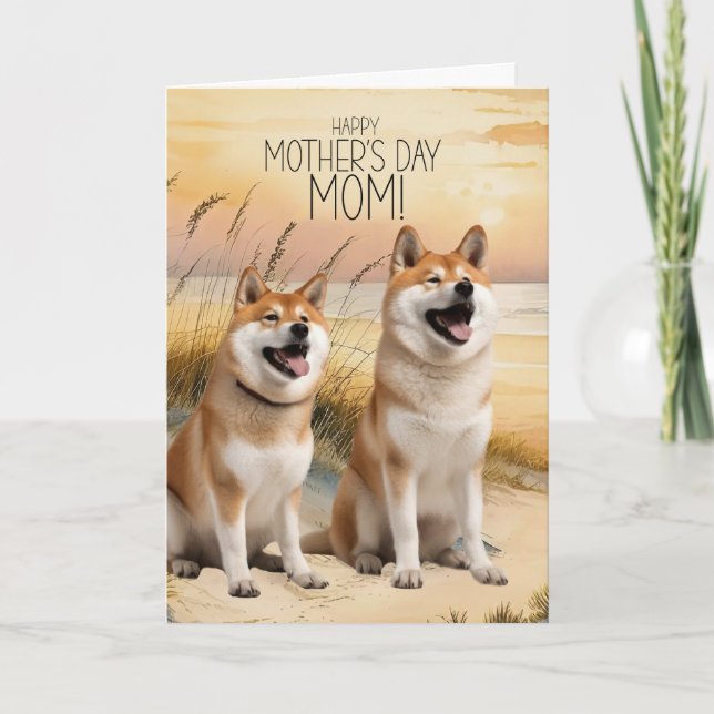 Akita Dogs Mother's Day Sunset Beach Cove Holiday Card (Front)
