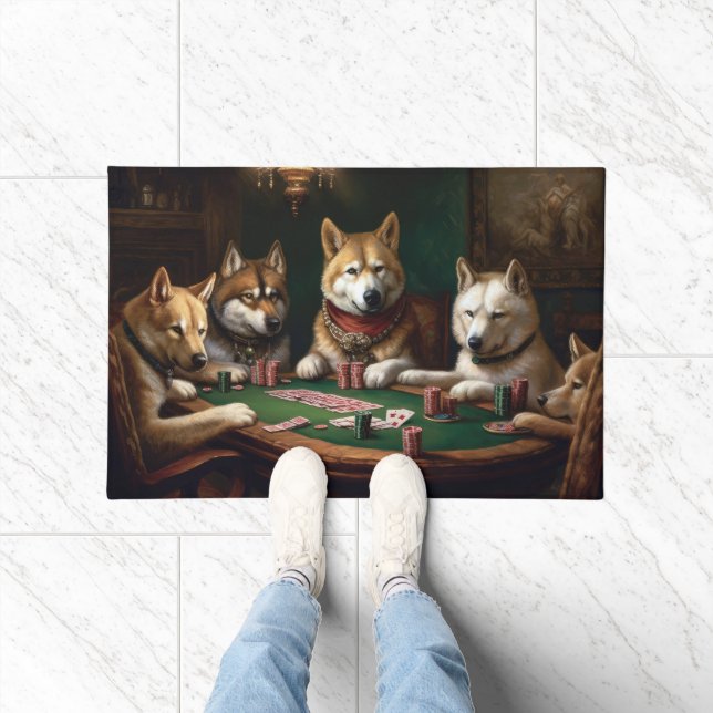 Akita Dogs Playing Poker Art Doormat (Indoor)