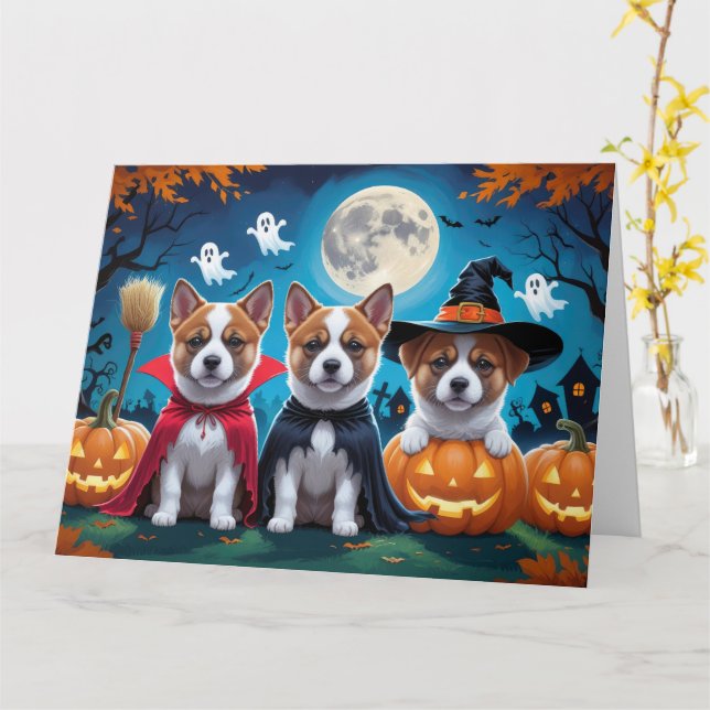 Akita Dogs Pumpkin Halloween Funny Card (Yellow Flower)
