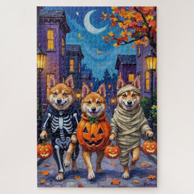 Akita Dogs Trick-or-Treating in Halloween Costumes Jigsaw Puzzle (Vertical)