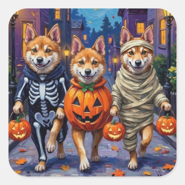 Akita Dogs Trick-or-Treating in Halloween Costumes Square Sticker (Front)