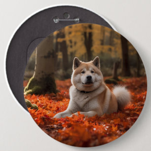 Akita in Autumn Leaves Fall Inspired 6 Cm Round Badge