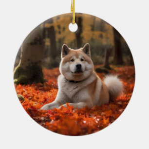 Akita in Autumn Leaves Fall Inspired Ceramic Tree Decoration