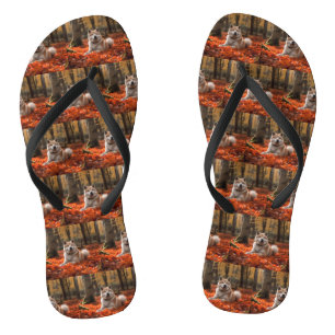 Akita in Autumn Leaves Fall Inspired Flip Flops