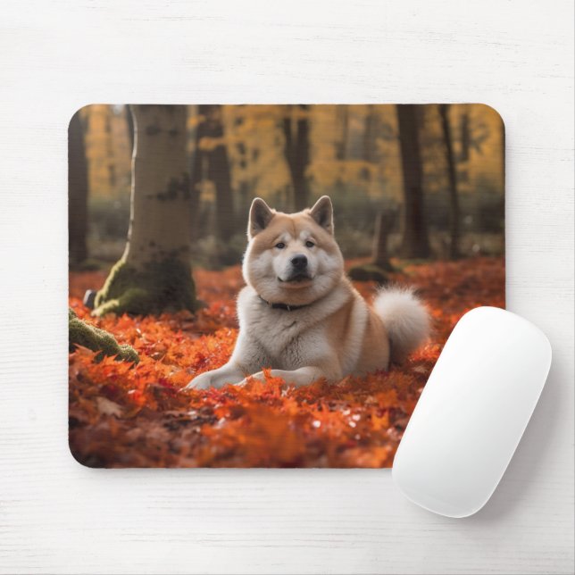 Akita in Autumn Leaves Fall Inspired Mouse Mat (With Mouse)