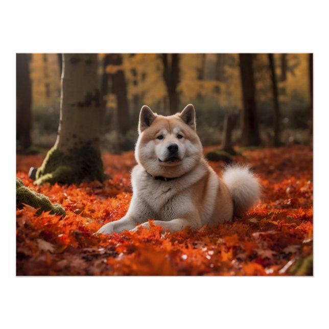 Akita in Autumn Leaves Fall Inspired Poster (Front)