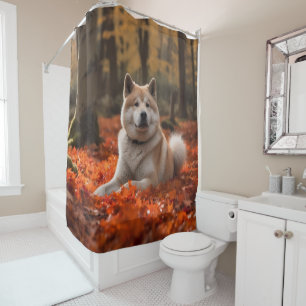 Akita in Autumn Leaves Fall Inspired Shower Curtain
