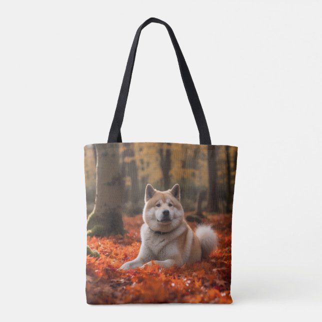 Akita in Autumn Leaves Fall Inspired Tote Bag (Back)