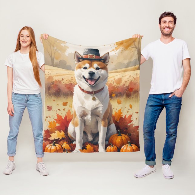 Akita in Autumn Leaves Thanksgiving Art  Fleece Blanket (In Situ)