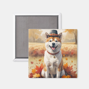 Akita in Autumn Leaves Thanksgiving Art  Magnet