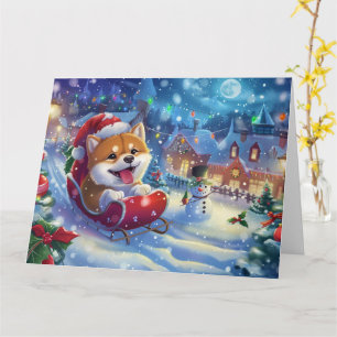 Akita in Sleigh Snow Christmas Card