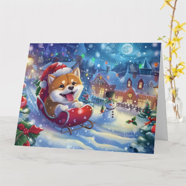 Akita in Sleigh Snow Christmas Card (Yellow Flower)