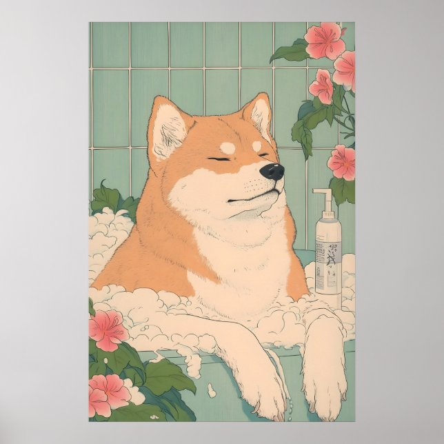 Akita Inu Bathroom Print Funny Dog in Bathtub (Front)