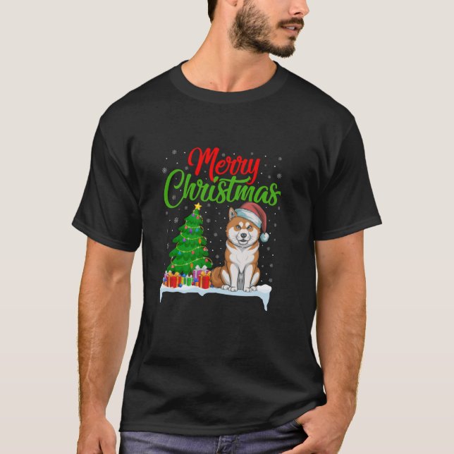 Akita Inu Dog Christmas Tree Lights Xmas Akita Inu T-Shirt (Front)