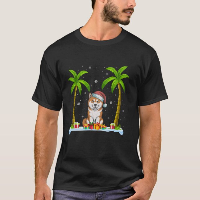 Akita Inu Dog Santa Hat Palm Tree Beach Xmas Pajam T-Shirt (Front)