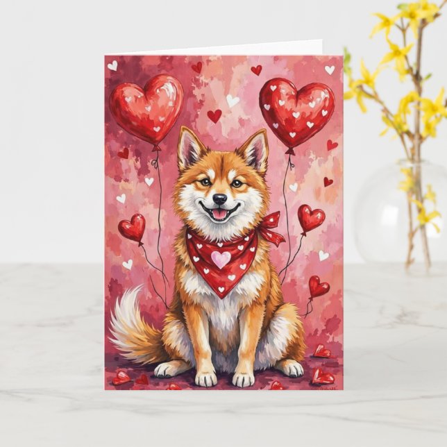 Akita Inu Valentine Dog Sitting with Hearts Red Card (Yellow Flower)